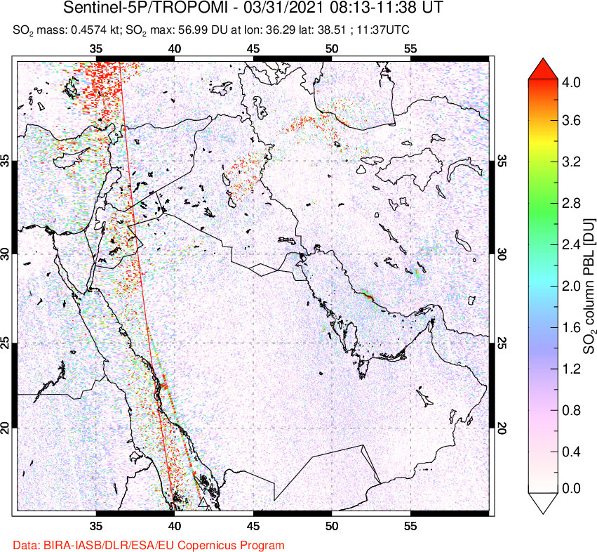 A sulfur dioxide image over Middle East on Mar 31, 2021.