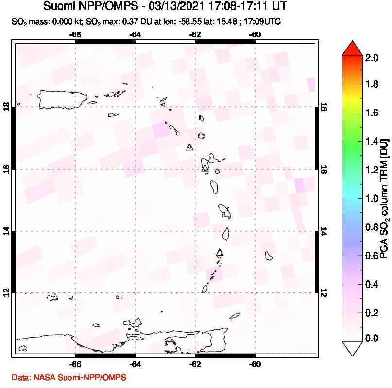 A sulfur dioxide image over Montserrat, West Indies on Mar 13, 2021.