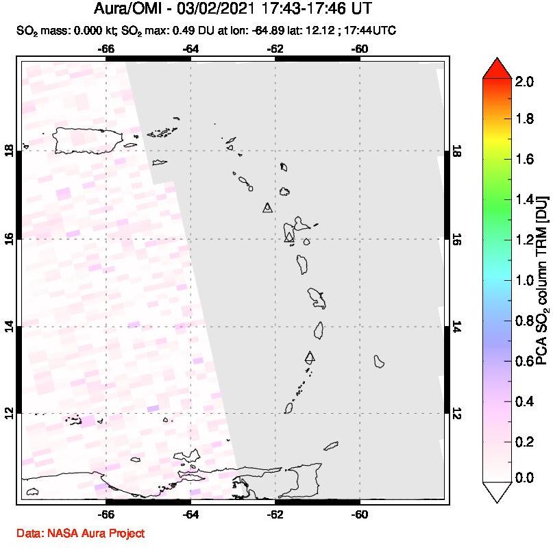 A sulfur dioxide image over Montserrat, West Indies on Mar 02, 2021.