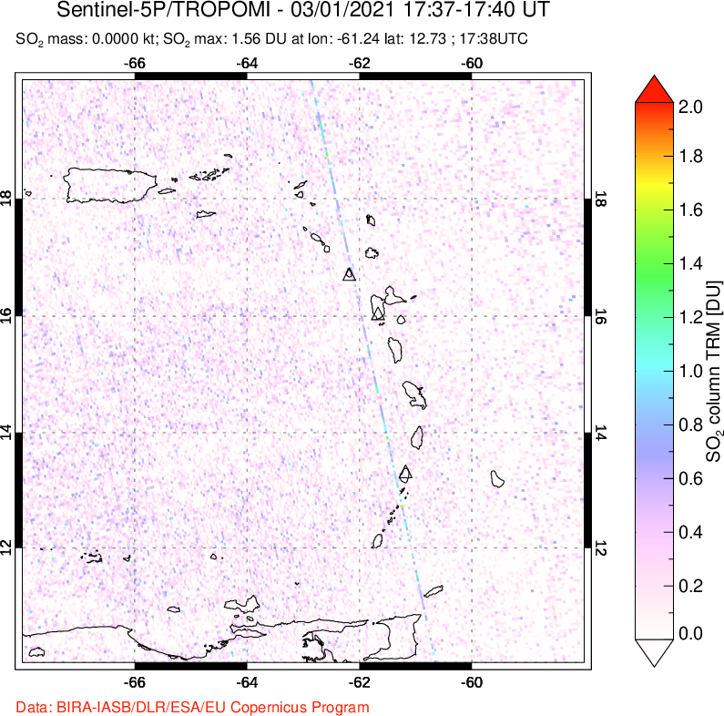 A sulfur dioxide image over Montserrat, West Indies on Mar 01, 2021.
