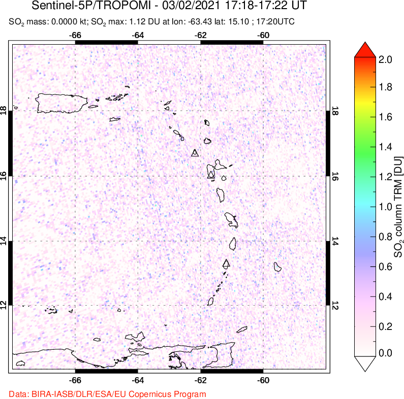 A sulfur dioxide image over Montserrat, West Indies on Mar 02, 2021.