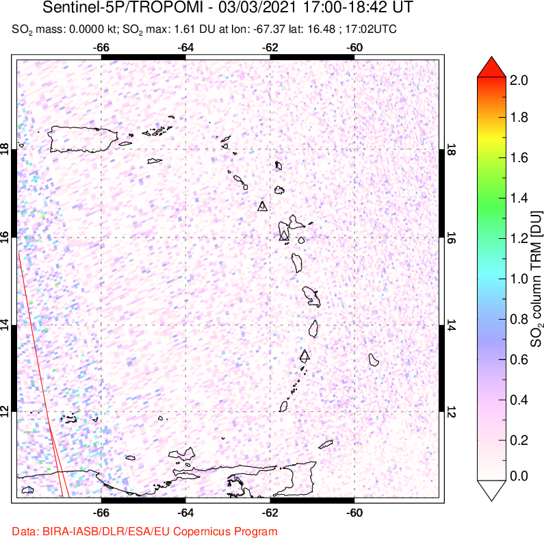 A sulfur dioxide image over Montserrat, West Indies on Mar 03, 2021.
