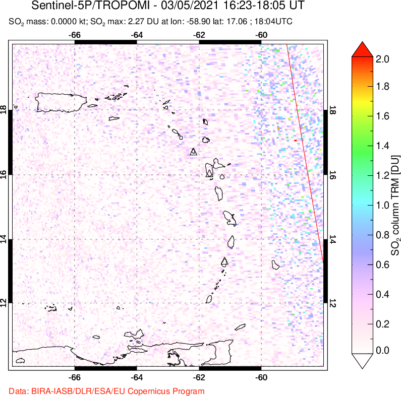 A sulfur dioxide image over Montserrat, West Indies on Mar 05, 2021.