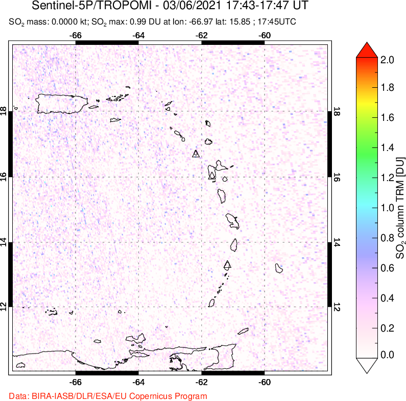 A sulfur dioxide image over Montserrat, West Indies on Mar 06, 2021.
