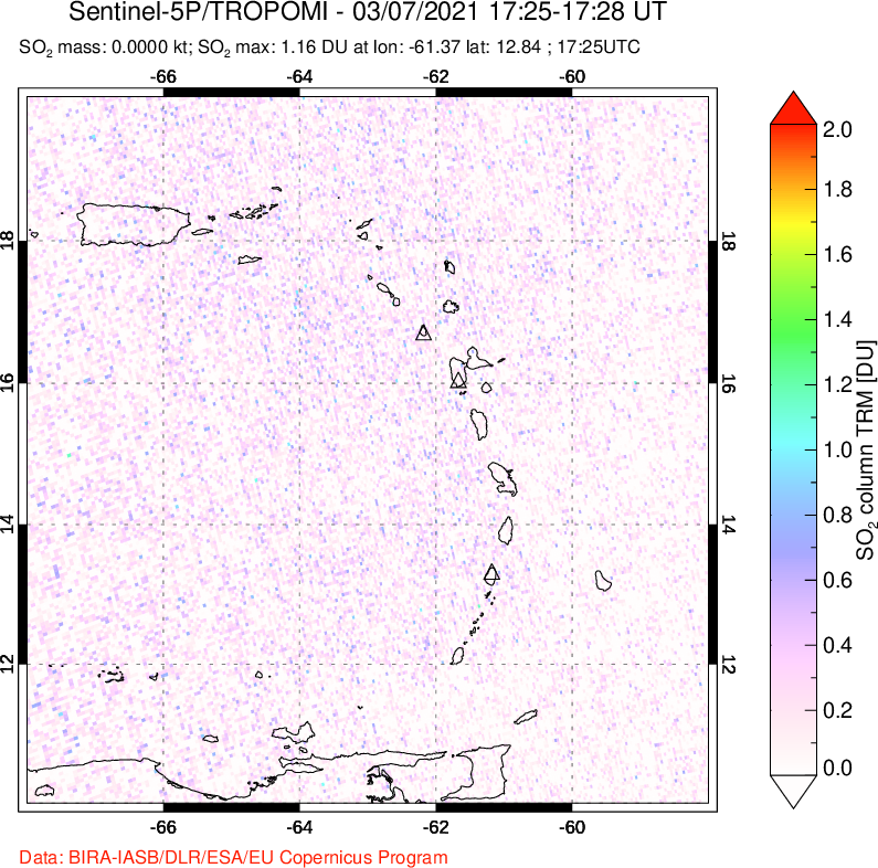 A sulfur dioxide image over Montserrat, West Indies on Mar 07, 2021.