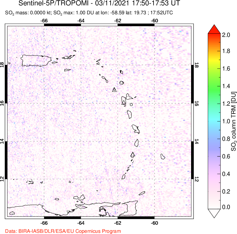 A sulfur dioxide image over Montserrat, West Indies on Mar 11, 2021.