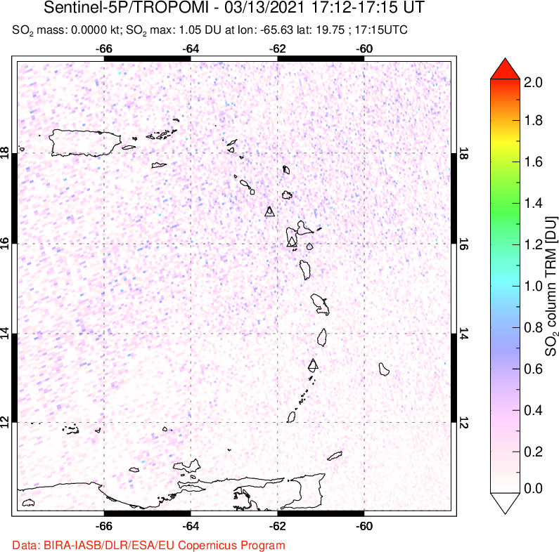 A sulfur dioxide image over Montserrat, West Indies on Mar 13, 2021.