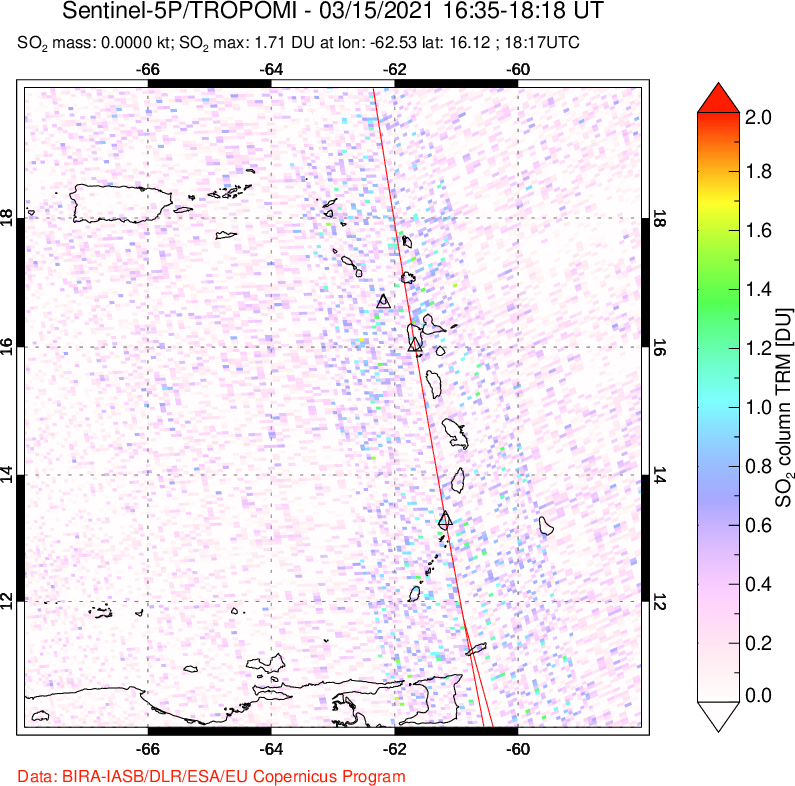 A sulfur dioxide image over Montserrat, West Indies on Mar 15, 2021.