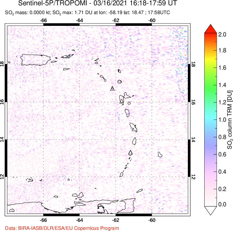 A sulfur dioxide image over Montserrat, West Indies on Mar 16, 2021.