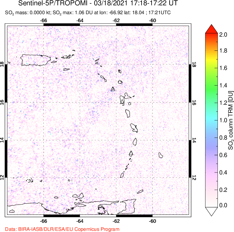 A sulfur dioxide image over Montserrat, West Indies on Mar 18, 2021.