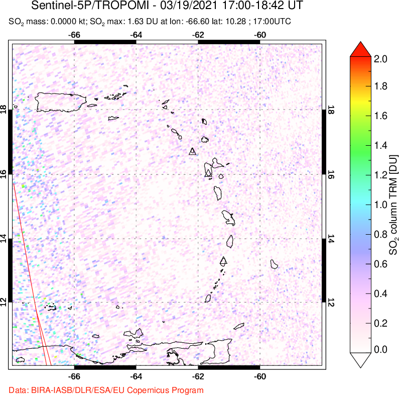 A sulfur dioxide image over Montserrat, West Indies on Mar 19, 2021.