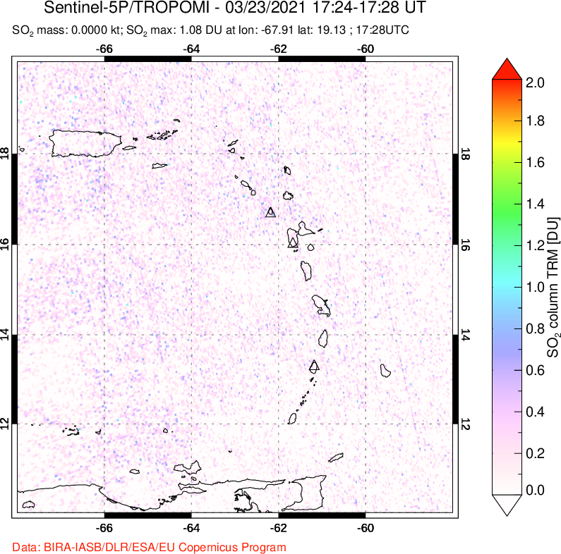 A sulfur dioxide image over Montserrat, West Indies on Mar 23, 2021.