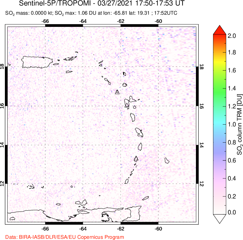 A sulfur dioxide image over Montserrat, West Indies on Mar 27, 2021.