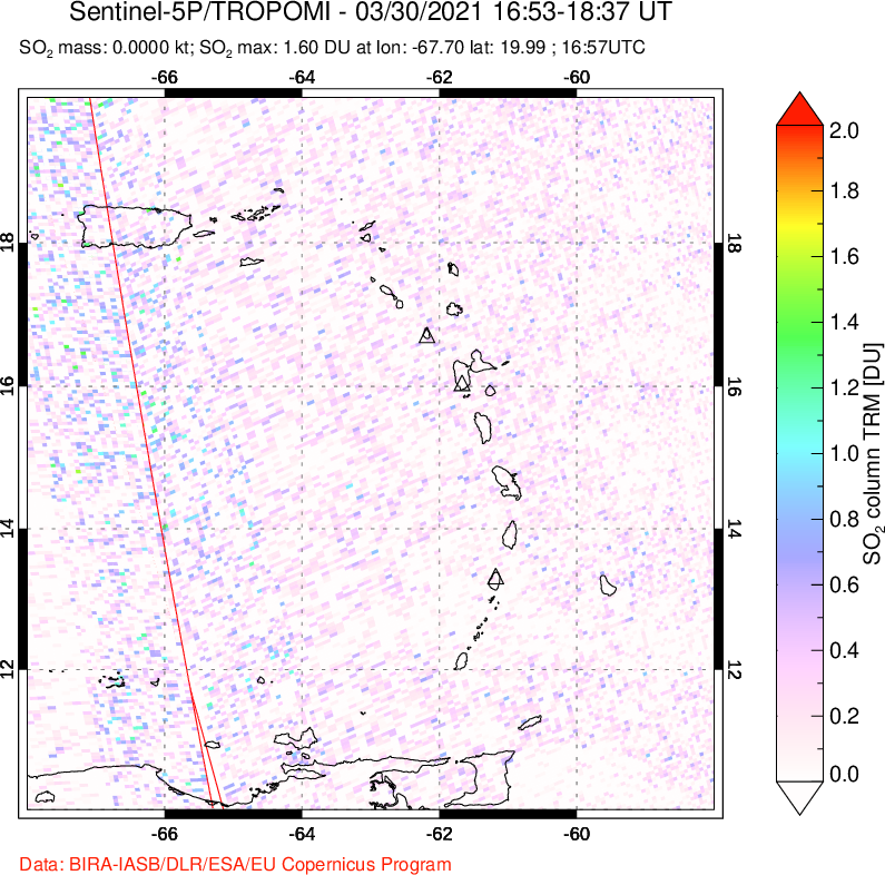 A sulfur dioxide image over Montserrat, West Indies on Mar 30, 2021.