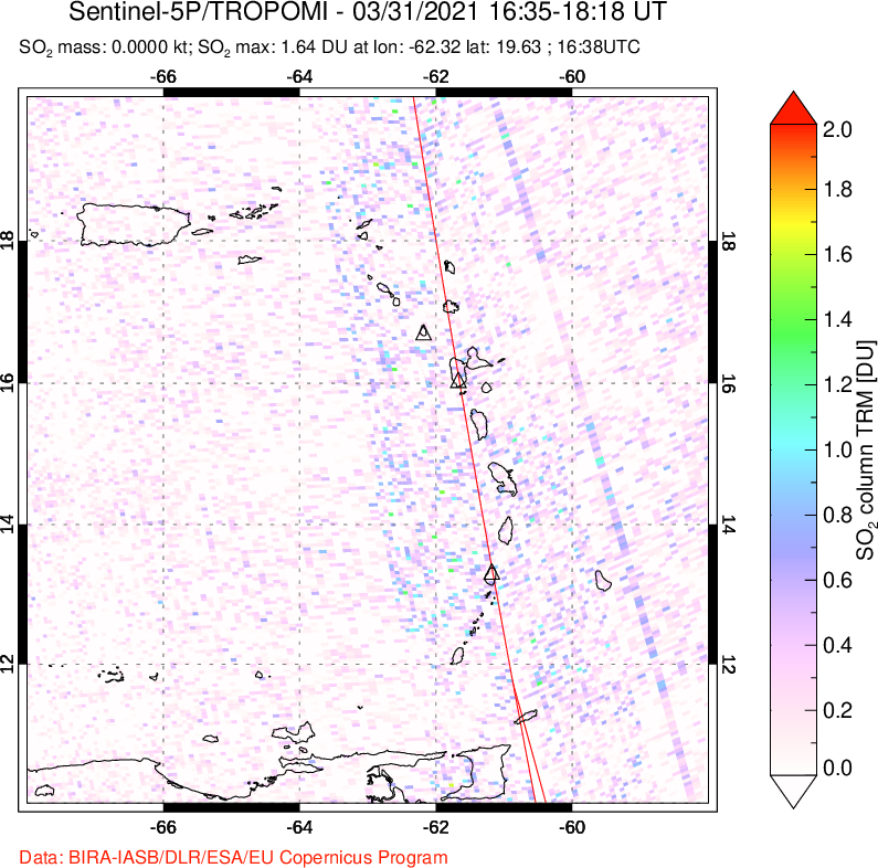 A sulfur dioxide image over Montserrat, West Indies on Mar 31, 2021.