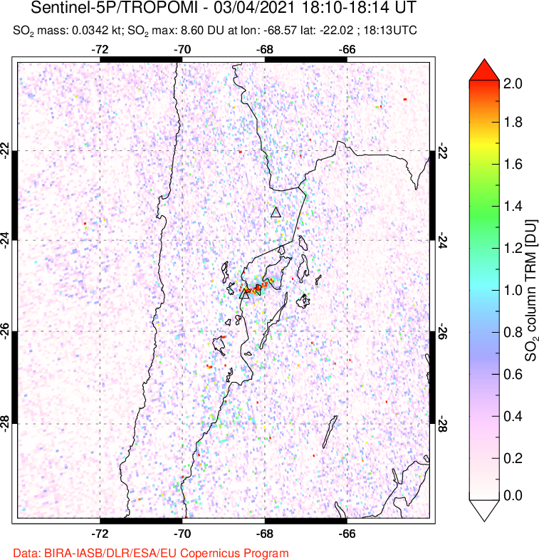 A sulfur dioxide image over Northern Chile on Mar 04, 2021.