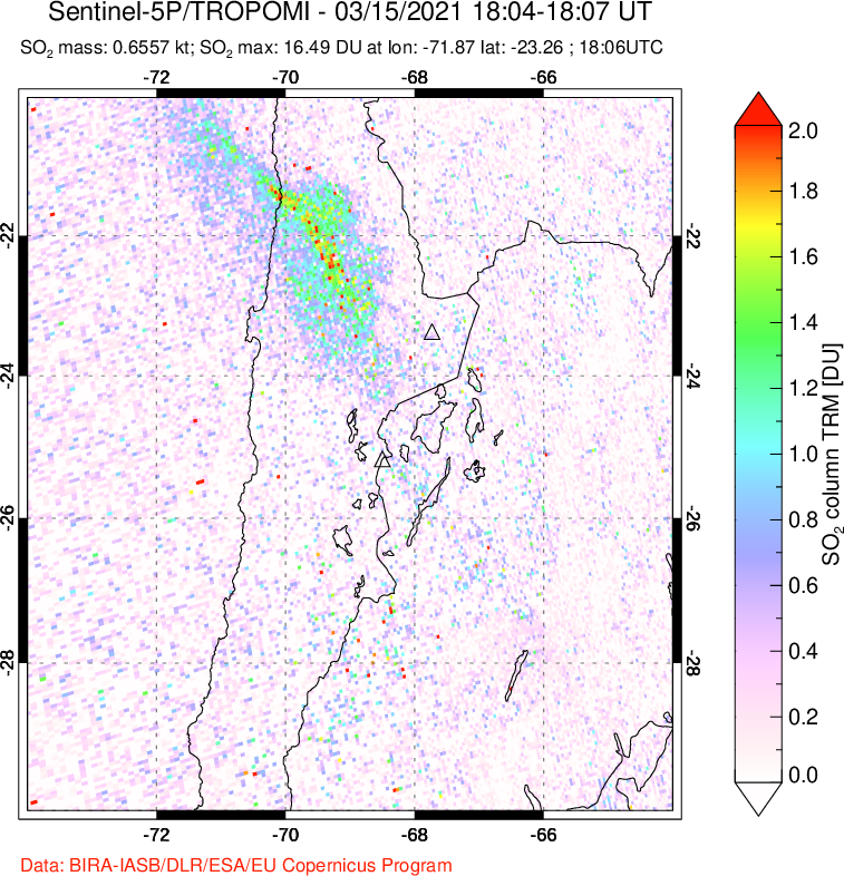 A sulfur dioxide image over Northern Chile on Mar 15, 2021.