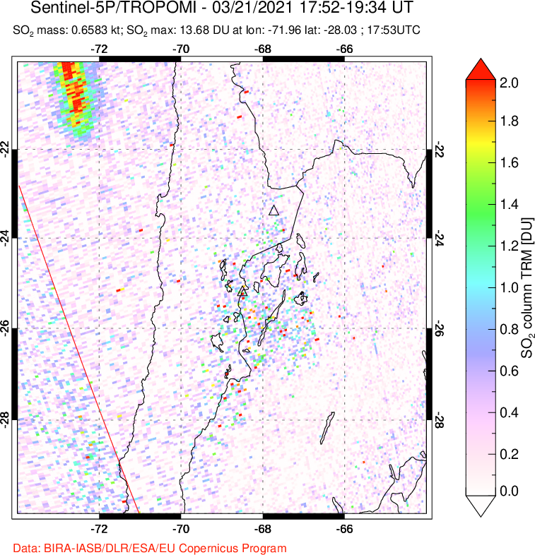A sulfur dioxide image over Northern Chile on Mar 21, 2021.