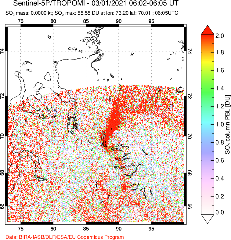 A sulfur dioxide image over Norilsk, Russian Federation on Mar 01, 2021.