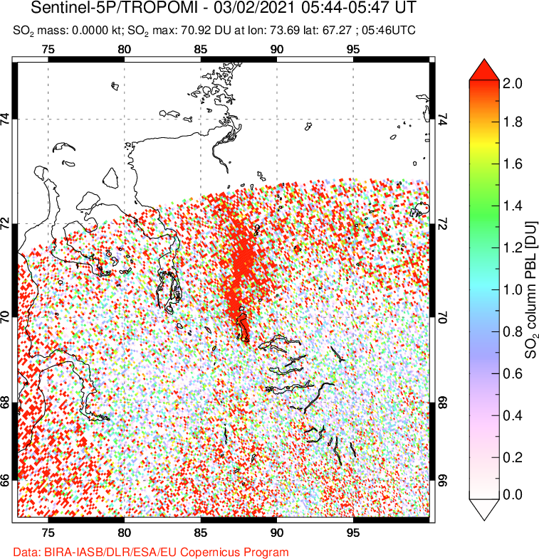 A sulfur dioxide image over Norilsk, Russian Federation on Mar 02, 2021.