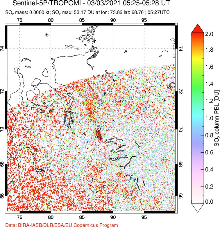 A sulfur dioxide image over Norilsk, Russian Federation on Mar 03, 2021.