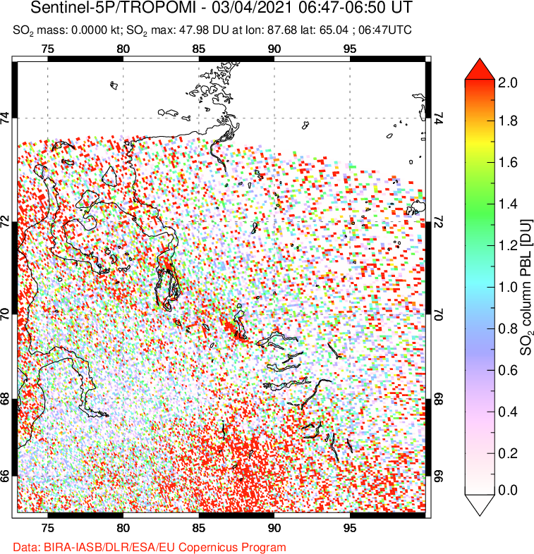 A sulfur dioxide image over Norilsk, Russian Federation on Mar 04, 2021.