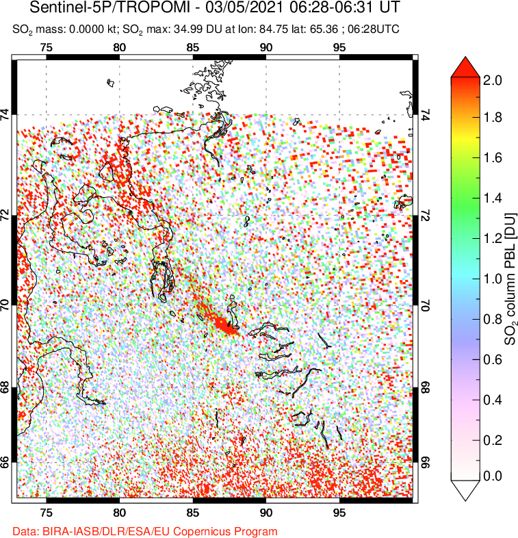 A sulfur dioxide image over Norilsk, Russian Federation on Mar 05, 2021.