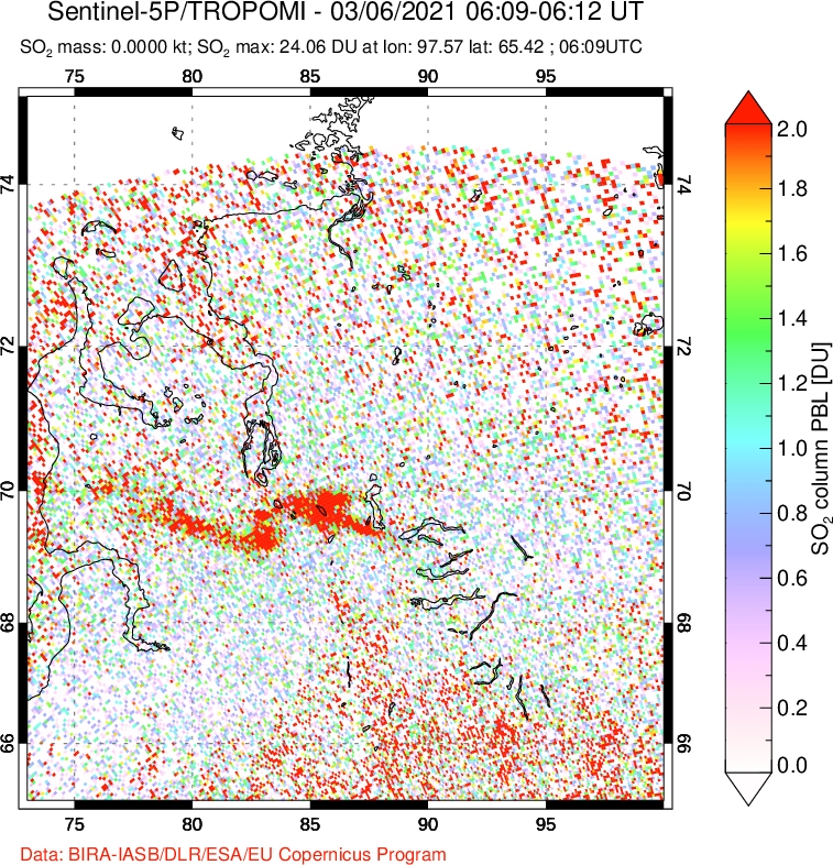 A sulfur dioxide image over Norilsk, Russian Federation on Mar 06, 2021.