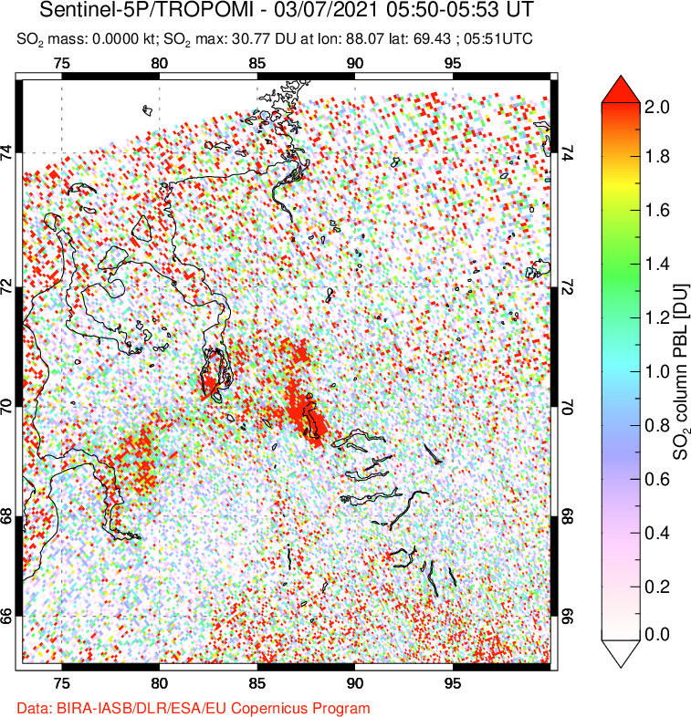 A sulfur dioxide image over Norilsk, Russian Federation on Mar 07, 2021.