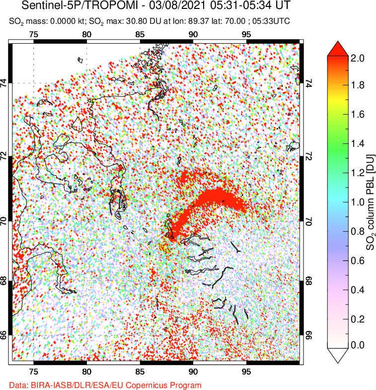A sulfur dioxide image over Norilsk, Russian Federation on Mar 08, 2021.