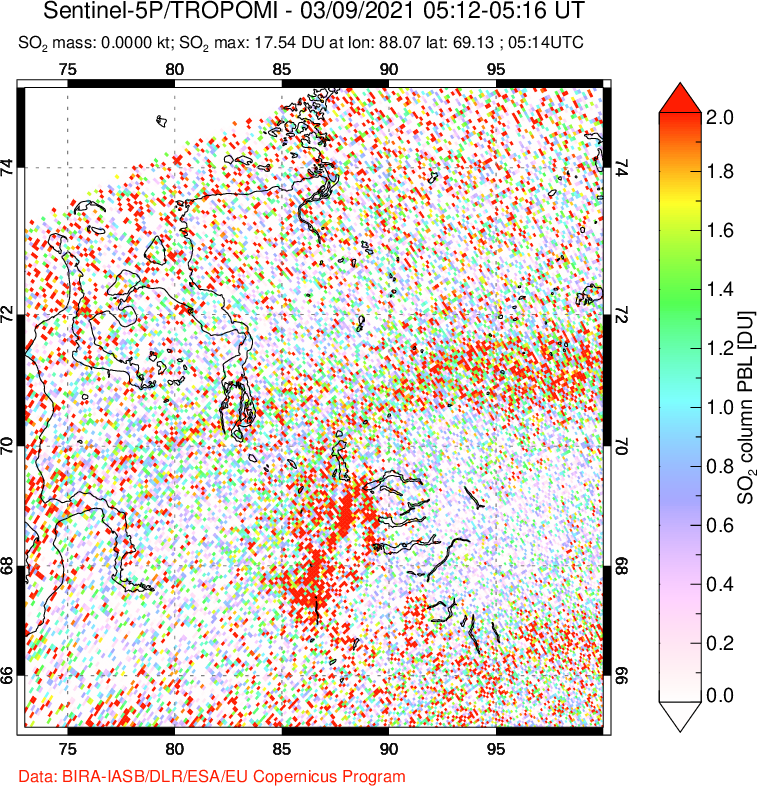 A sulfur dioxide image over Norilsk, Russian Federation on Mar 09, 2021.