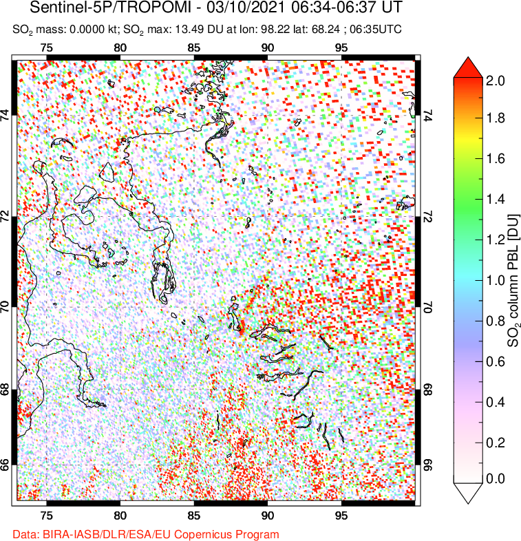 A sulfur dioxide image over Norilsk, Russian Federation on Mar 10, 2021.