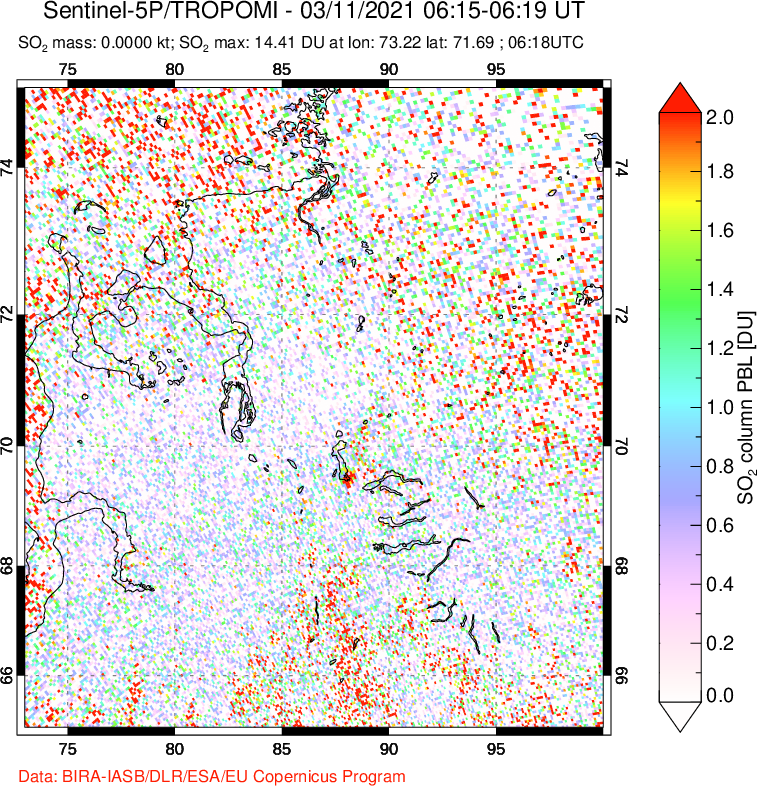 A sulfur dioxide image over Norilsk, Russian Federation on Mar 11, 2021.