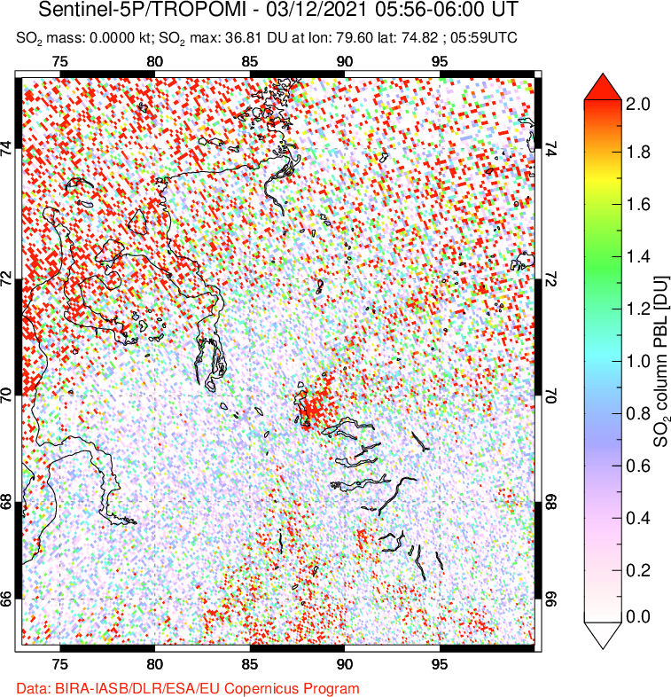 A sulfur dioxide image over Norilsk, Russian Federation on Mar 12, 2021.