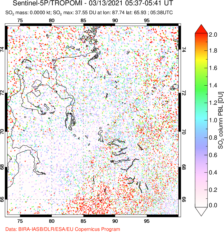 A sulfur dioxide image over Norilsk, Russian Federation on Mar 13, 2021.
