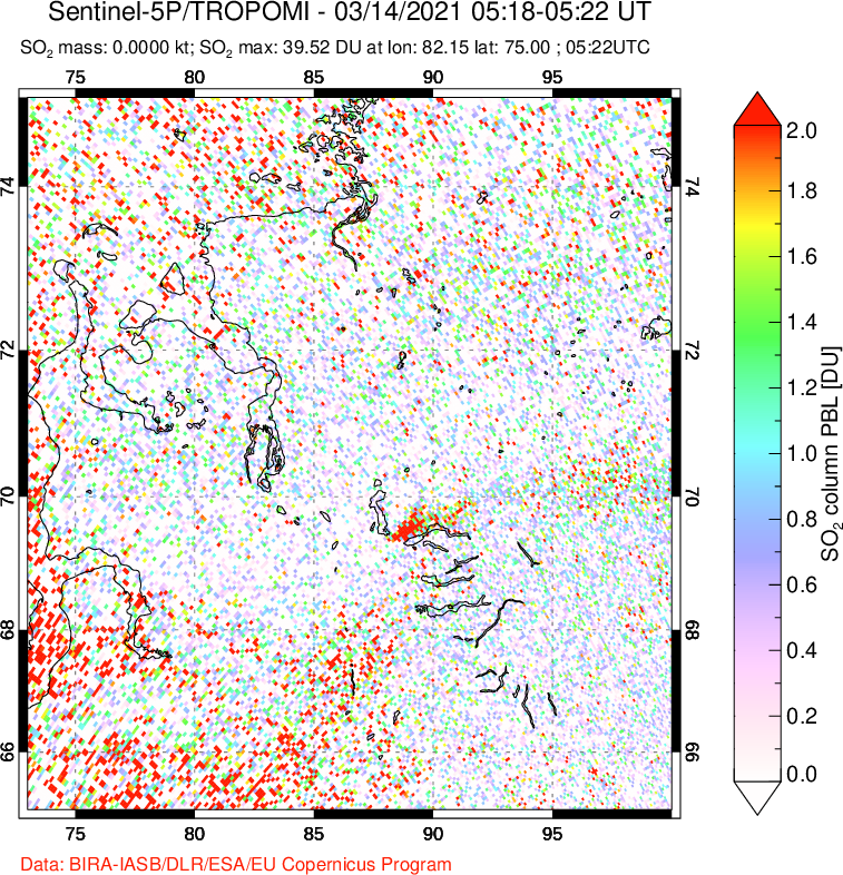 A sulfur dioxide image over Norilsk, Russian Federation on Mar 14, 2021.