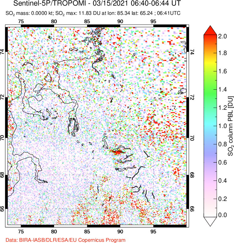 A sulfur dioxide image over Norilsk, Russian Federation on Mar 15, 2021.