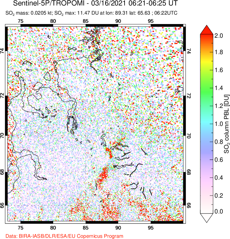 A sulfur dioxide image over Norilsk, Russian Federation on Mar 16, 2021.