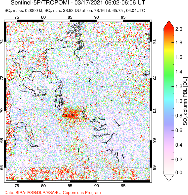 A sulfur dioxide image over Norilsk, Russian Federation on Mar 17, 2021.