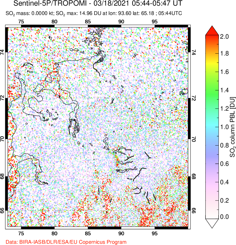 A sulfur dioxide image over Norilsk, Russian Federation on Mar 18, 2021.