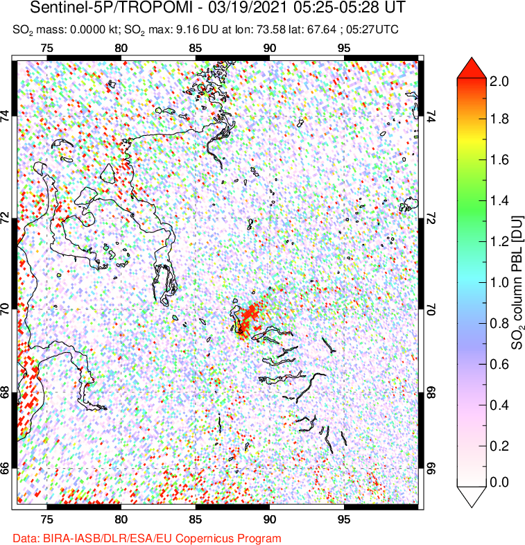 A sulfur dioxide image over Norilsk, Russian Federation on Mar 19, 2021.
