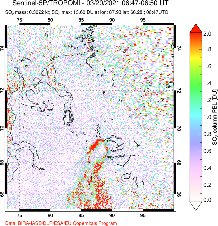 A sulfur dioxide image over Norilsk, Russian Federation on Mar 20, 2021.