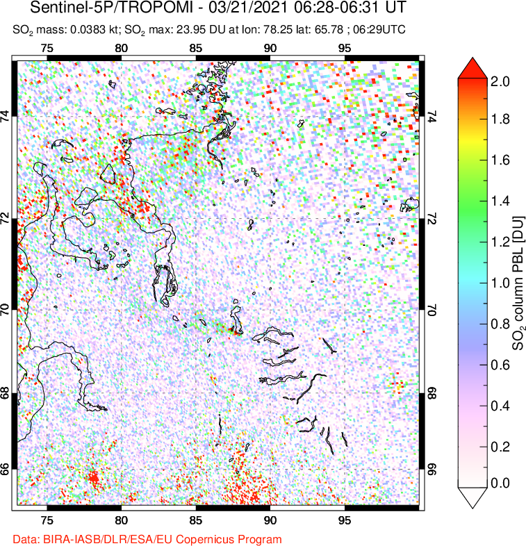 A sulfur dioxide image over Norilsk, Russian Federation on Mar 21, 2021.
