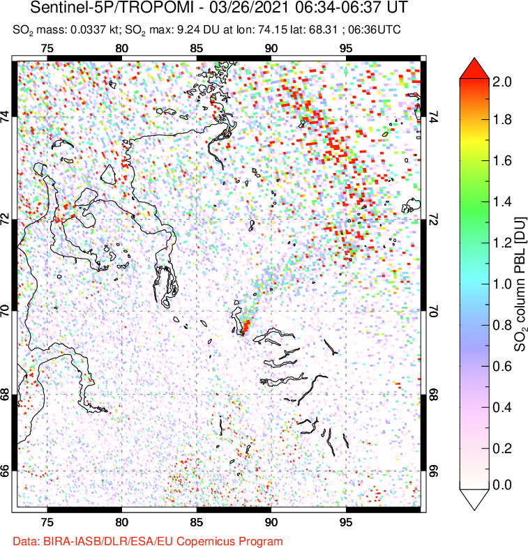 A sulfur dioxide image over Norilsk, Russian Federation on Mar 26, 2021.