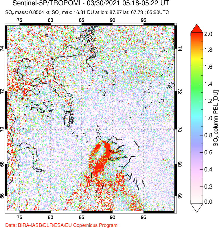 A sulfur dioxide image over Norilsk, Russian Federation on Mar 30, 2021.