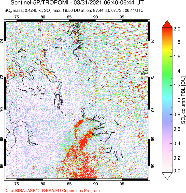 A sulfur dioxide image over Norilsk, Russian Federation on Mar 31, 2021.
