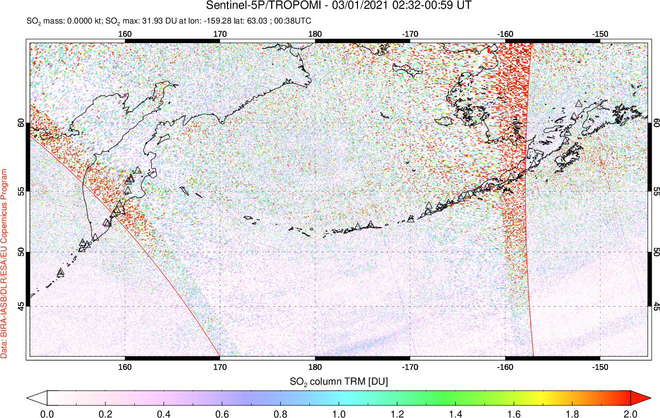 A sulfur dioxide image over North Pacific on Mar 01, 2021.