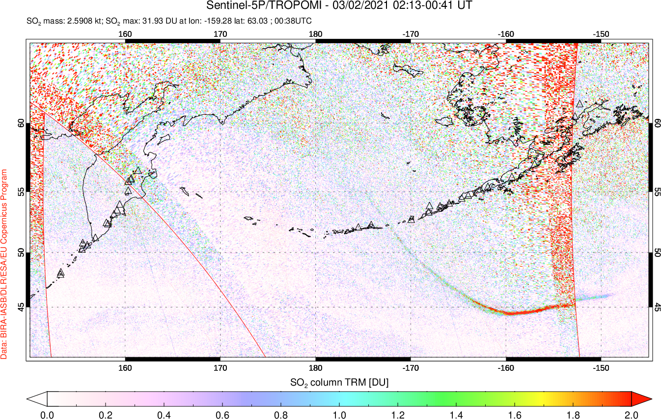 A sulfur dioxide image over North Pacific on Mar 02, 2021.