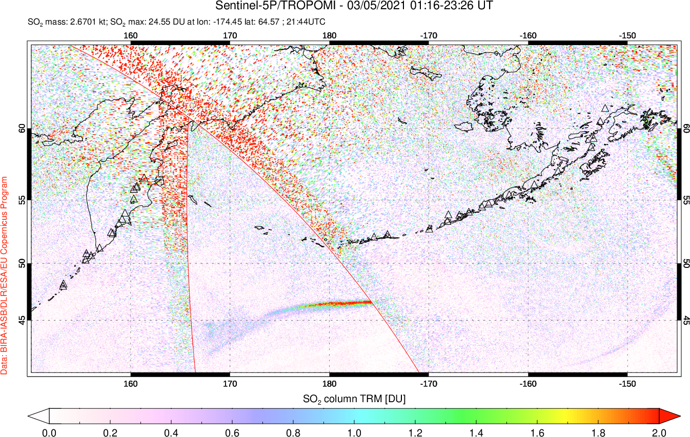 A sulfur dioxide image over North Pacific on Mar 05, 2021.