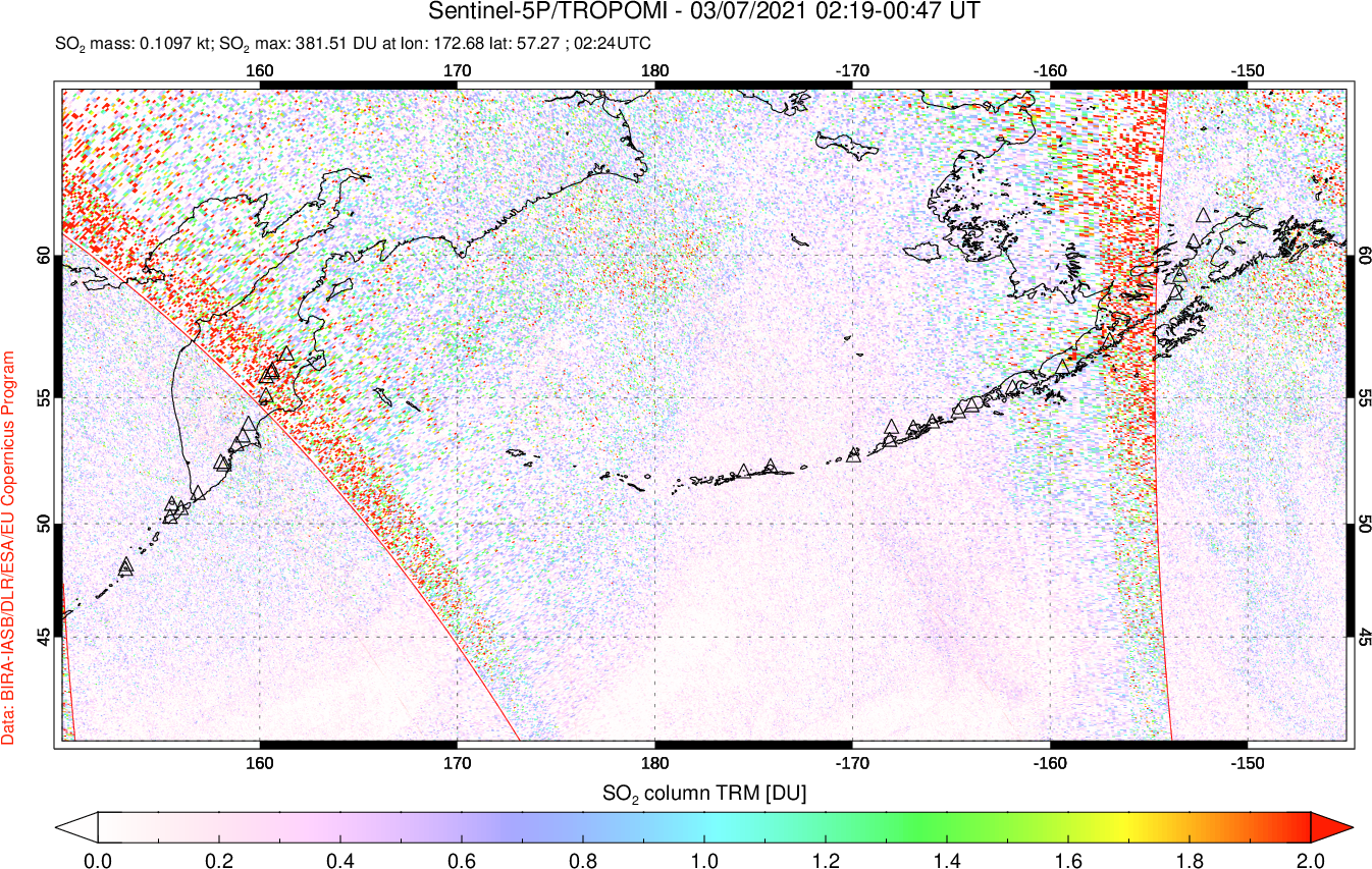 A sulfur dioxide image over North Pacific on Mar 07, 2021.